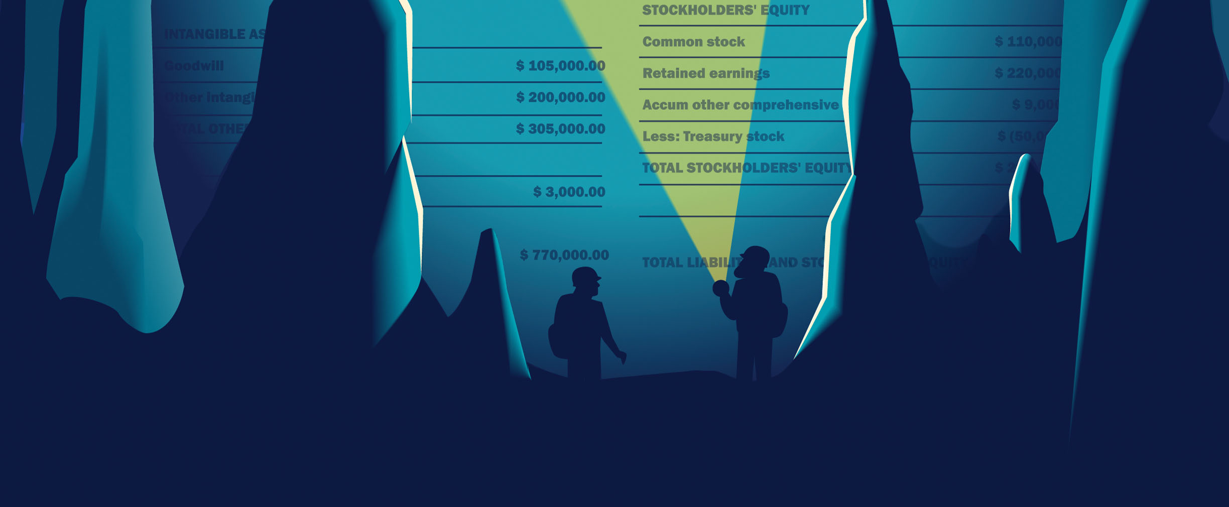 Ilustración de dos espeleólogos con linternas explorando una cueva donde han encontrado un balance general gigante